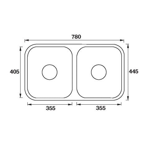 Undermount Double Bowl Sink Features: 780 x 445 x 200 mm (L x W x D)Polished stainless steelSupplied with 2 designer wastes Material: Stainless steel grade 304, 18/10 Thickness: 0.8mm Mounting: Undermount only, sink clips included Note: There is no hole f