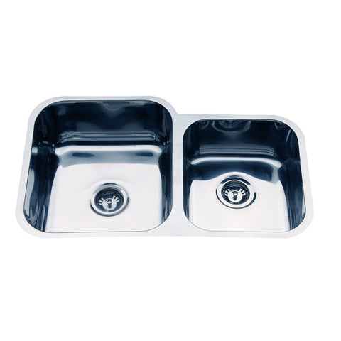 Undermount 1 & 3/4 Bowl Sink Features: 800 x 490 x 190 mm (L x W x D)Polished stainless steelSupplied with 2 designer wastes Material: Stainless steel grade 304, 18/10 Thickness: 0.8mm Mounting: Undermount only, sink clips included Note: There is no hole