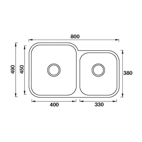 Undermount 1 & 3/4 Bowl Sink Features: 800 x 490 x 190 mm (L x W x D)Polished stainless steelSupplied with 2 designer wastes Material: Stainless steel grade 304, 18/10 Thickness: 0.8mm Mounting: Undermount only, sink clips included Note: There is no hole
