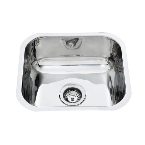 Undermount Single Bowl Sink Features: 445 x 395 x 180 mm (L x W x D)Polished stainless steelSupplied with 1 designer waste Material: Stainless steel grade 304, 18/10 Thickness: 0.8mm Mounting: Undermount only, sink clips included Note: There is no hole fo