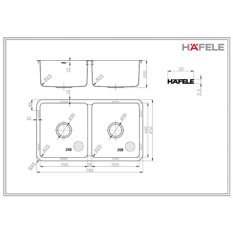 Squareline Plus Double Bowl Features: 0.8mm Thick Premium 18/10 Stainless Steel Satin Polish FinishWatermark waste25mm radius Satin Polished2 x 25L CapacityTop mount and undermount installation options Bowl Configuration: Double Bowl Drainer Configuration