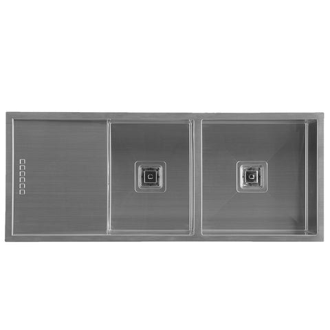 Squareline 1 & 3/4 Bowl with Drainer Features: 1100 x 450 x 200 mm (L x W x D)1 x 32L & 1 x 24L capacity18/10 Stainless steel brushed finish5 mm Internal radius1 & 3/4 bowl Push/pull plug and waste connectionsWatermarked designer waste Bowl Size: 32L: 400