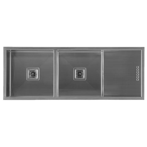Squareline Double Bowl Sink and Drainer Features: 1200 x 450 x 200 mm (L x W x D)2 x 32L capacity18/10 Stainless steel brushed finish5 mm Internal radiusDouble bowlPush/pull plug and waste connectionsWatermarked designer waste Bowl Size: 400 x 400 x 200mm