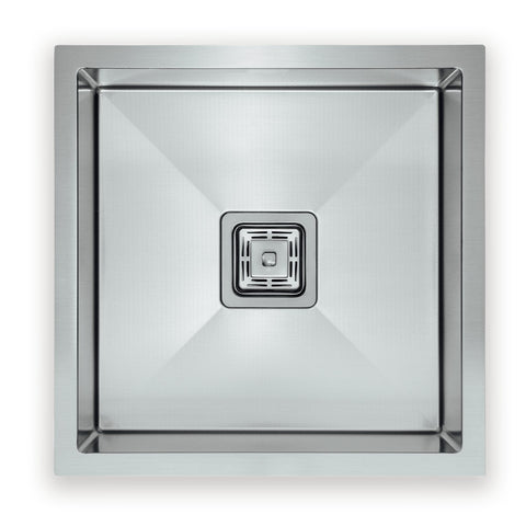 Squareline Single Bowl Linen Sink Features: 450 x 450 x 200 mm (L x W x D)32L capacityStainless steel, linen finish5 mm Internal radiusSingle bowlPush/pull plug and waste connectionsWatermarked designer waste Bowl Size: 400 x 400 x 200mm (L x W x D) Mount