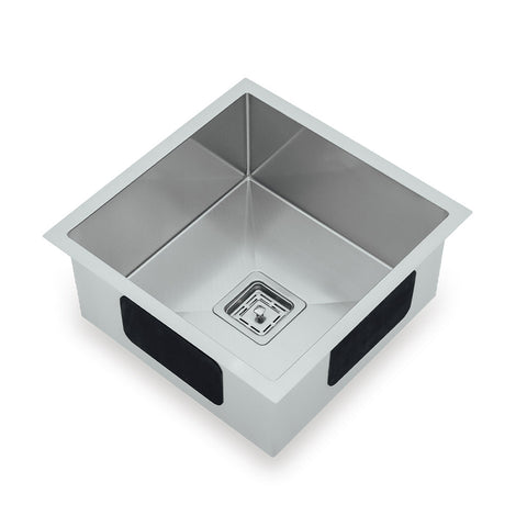 Squareline Single Bowl Linen Sink Features: 450 x 450 x 200 mm (L x W x D)32L capacityStainless steel, linen finish5 mm Internal radiusSingle bowlPush/pull plug and waste connectionsWatermarked designer waste Bowl Size: 400 x 400 x 200mm (L x W x D) Mount