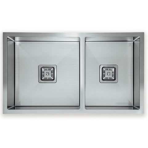 Squareline 1 & 3/4 Bowl Sink - Linen Features: 780 x 450 x 200 mm (L x W x D)1 x 32L & 1 x 24L capacityStainless steel, linen finish5 mm Internal radius1 & 3/4 bowlPush/pull plug and waste connectionsWatermarked designer waste Bowl Size: 32L: 400 x 400 x
