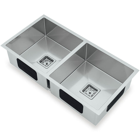 Squareline Double Bowl Sink - Linen Features: 880 x 450 x 200 mm (L x W x D)2 x 32L capacityStainless steel, linen finish5 mm Internal radiusDouble bowlPush/pull plug and waste connections.Watermarked designer waste Bowl Size: 400 x 400 x 200mm each (L x