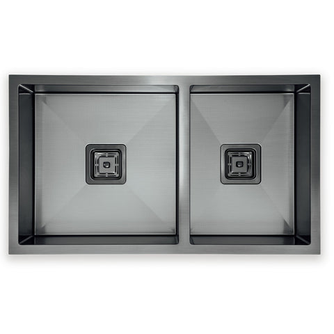 Squareline 1 & 3/4 Bowl Sink - Linen Features: 780 x 450 x 200 mm (L x W x D)1 x 32L & 1 x 24L capacityStainless steel, linen finish5 mm Internal radius1 & 3/4 bowlPush/pull plug and waste connectionsWatermarked designer waste Bowl Size: 32L: 400 x 400 x