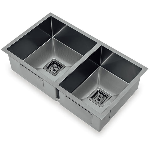 Squareline 1 & 3/4 Bowl Sink - Linen Features: 780 x 450 x 200 mm (L x W x D)1 x 32L & 1 x 24L capacityStainless steel, linen finish5 mm Internal radius1 & 3/4 bowlPush/pull plug and waste connectionsWatermarked designer waste Bowl Size: 32L: 400 x 400 x