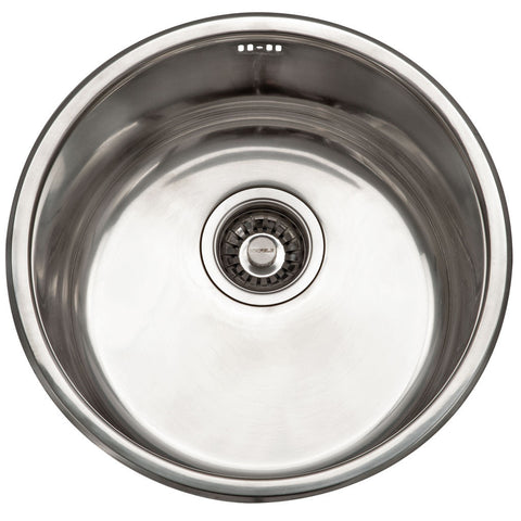 Round Bowl Sink Features: Ø450 x 200 mm (Ø x D)Stainless steel satin finishRound bowlSupplied with 1 designer waste Material: Stainless steel grade 304, 18/10 Thickness: 0.8mm Mounting: Top mount only, sink clips included Note: Includes overflow assembly