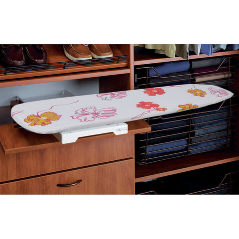 Ironfix Lateral Mounted Ironing Board Material: Steel fittingsCotton ironing board cover Finish: Powder-coated whiteWhite and grey striped cover Features: Collapsible180° rotatable with positioning at 15º intervalspre-mounted Dimensions (D x H x W): 350 x