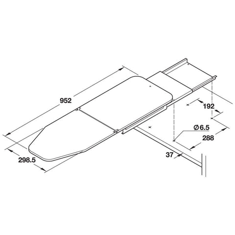 Ironfix Lateral Mounted Ironing Board Material: Steel fittingsCotton ironing board cover Finish: Powder-coated whiteWhite and grey striped cover Features: Collapsible180° rotatable with positioning at 15º intervalspre-mounted Dimensions (D x H x W): 350 x