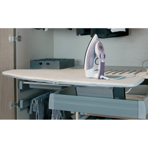 Ironfix Lateral Mounted Ironing Board in Drawer Material: Steel fittingsCotton ironing board cover with foam backing Finish: Fittings: Powder-coated whiteCover: White and grey striped Version: Folding for lateral mounting in drawers Notes: A drawer such a