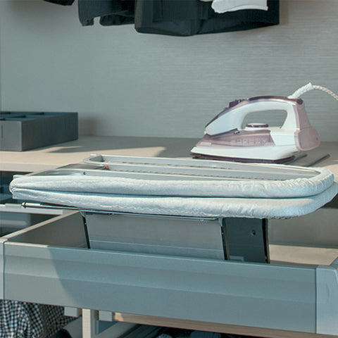 Ironfix Lateral Mounted Ironing Board in Drawer Material: Steel fittingsCotton ironing board cover with foam backing Finish: Fittings: Powder-coated whiteCover: White and grey striped Version: Folding for lateral mounting in drawers Notes: A drawer such a