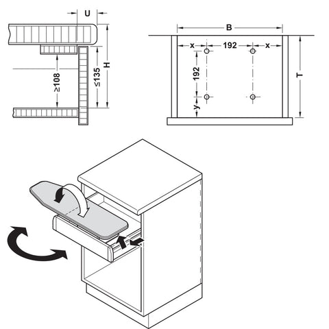 Ironfix Lateral Mounted Ironing Board in Drawer Material: Steel fittingsCotton ironing board cover with foam backing Finish: Fittings: Powder-coated whiteCover: White and grey striped Version: Folding for lateral mounting in drawers Notes: A drawer such a