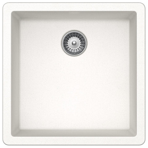 Quartz Single Bowl Sink Features: Single bowlPush/pull plug waste connectionsTop and under mount installationImpact, stain and heat resistant Material: 80% Quartz15% Acrylic Finish: Black OnyxWhite Alpina Dimensions (L x W x D): 450 x 430 x 200mm Bowl siz