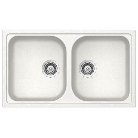 Quartz Double Bowl Sink Features: Double bowlPush/pull plug waste connectionsTop and under mount installationImpact, stain and heat resistant Material: 80% Quartz15% Acrylic Finish: Black OnyxWhite Alpina Dimensions (L x W x D): 860 x 500 x 205mm Bowl siz