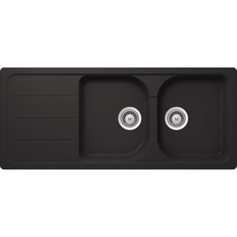 Quartz Double Bowl Sink with Drainer. Features: Double bowlPush/pull plug waste connectionsTop and under mount installationImpact, stain and heat resistant Material: 80% Quartz15% Acrylic Finish: Black OnyxWhite Alpina Dimensions (L x W x D): 1160 x 500 x