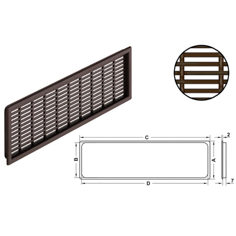 Ventilation Grill - White Version: With flanged rim Installation: For recess mounting Apertures: 15.2 x 2.1 mm Material: Plastic Finish: White Dimensions(A x B x C x D): 40 x 35 x 149 x 144 mm41 x 35 x 175 x 170 mm68 x 60 x 227 x 220 mm120 x 116 x 225 x 2