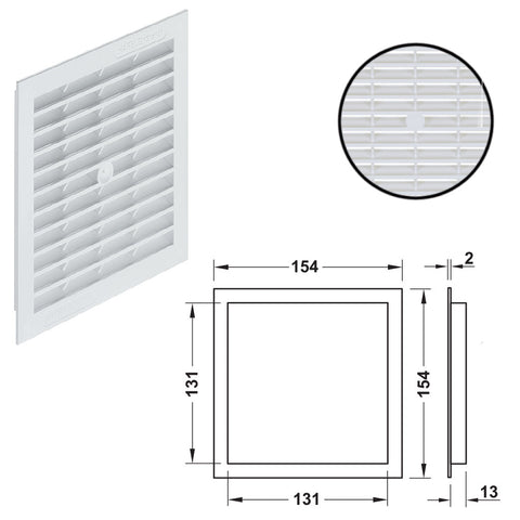 Ventilation Grill - White Version: With flanged rim Installation: For recess mounting, can be screwed in place Finish: White Ventilation: 85 cm2 Hafele
