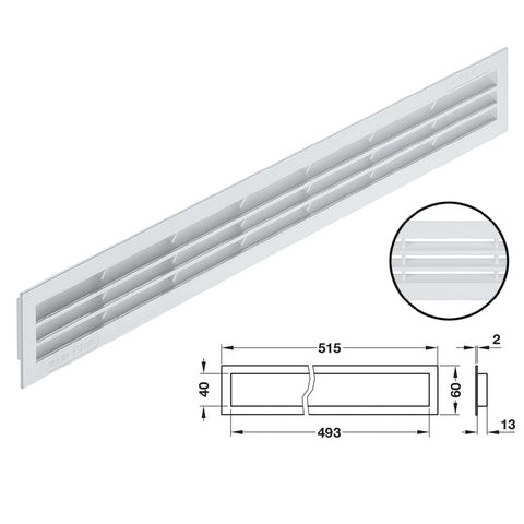 Ventilation Grill - White Version: With flanged rim Installation: For recess mounting, can be screwed in place Finish: White Ventilation: 81 cm2 Hafele