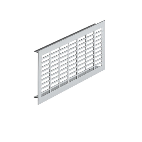 Ventilation Grill Version: Long edges bevelled Installation: For press fitting, secured with screws Material: Aluminium, with flanges Finish: Silver coloured anodised F1 Dimensions (L x W): 250 x 110 mm500 x 110 mm Cut Out Dimensions(L x W): 225 x 96 mm47