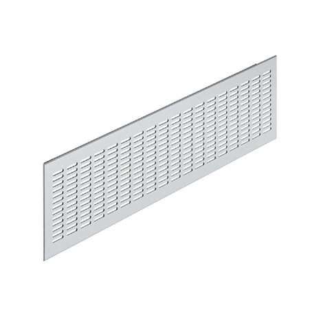 Aluminium Ventilation Grill Version: Visible edges bevelled Installation: For press fitting Material: Aluminium, with slotted flanges Finish: Silver coloured anodised F1 Dimensions (L x W): 480 x 80 mm480 x 100 mm Cut Out Dimensions(L x W): 458 x 65 mm458