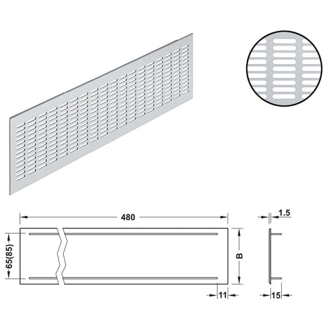 Aluminium Ventilation Grill Version: Visible edges bevelled Installation: For press fitting Material: Aluminium, with slotted flanges Finish: Silver coloured anodised F1 Dimensions (L x W): 480 x 80 mm480 x 100 mm Cut Out Dimensions(L x W): 458 x 65 mm458