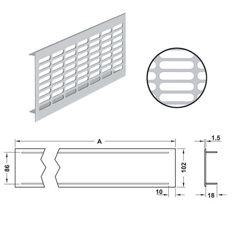 Aluminium Ventilation Grill Version: Long edges bevelled Installation: For recess mounting Material: Aluminium, with smooth flanges Finish: Silver coloured anodised E6/EV1 Dimensions(L x W): 250 x 102 mm500 x 102 mm Cut Out Dimensions(L x W): 230 x 86 mm4