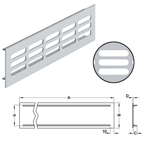 Aluminium Ventilation Grill, Straight Edged | Various Sizes Version: Visible edges bevelled,Continuous flange up to edge with length of 3000 mm Installation: For recess mounting Material: Aluminium, with ribbed flanges Finish: Silver coloured anodised E6/