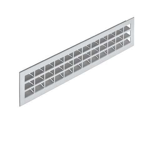 Aluminium Ventilation Grill, Straight Edged Version: Visible edges bevelled Installation: For press fitting Material: Aluminium, with ribbed flanges Finish: Silver coloured anodised F1 Ventilation: 200 cm2 Apertures: 39 x 14.5 mm Visible Dimensions (L x W