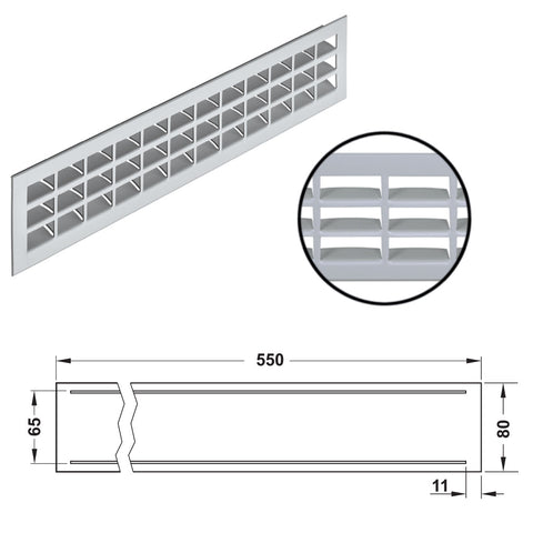 Aluminium Ventilation Grill, Straight Edged Version: Visible edges bevelled Installation: For press fitting Material: Aluminium, with ribbed flanges Finish: Silver coloured anodised F1 Ventilation: 200 cm2 Apertures: 39 x 14.5 mm Visible Dimensions (L x W