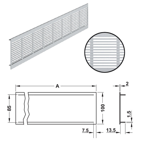 Ventilation Grill, Straight Edged, Black Version: Visible edges bevelled Installation: For press fitting, with ribbed flanges,7.5 mm straight notched on both sides,secured with screws Material: Aluminium, with ribbed flanges Finish: Black, RAL 9005 Visibl