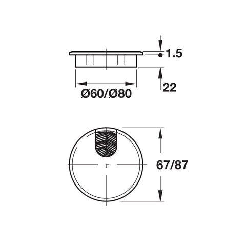 Cable Management: Two-Piece Circular Type: Two-piece, circular Drilling: Ø60 mmØ80 mm Material: Zinc, die-cast Cable cut-out: 23 x 23 mm27 x 27 mm Mounting: Push in Finish: Chrome plated, polishedChrome plated, mattStainless steel coloured, mattSilver col