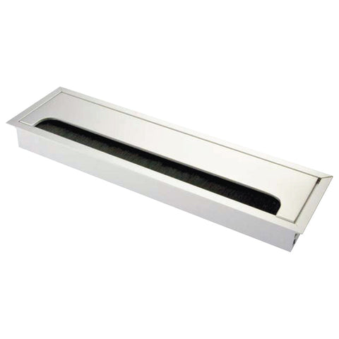 Rumba Cable Outlet - Rectangle Version: Two piece rectangular Material: Anodised aluminium Finish: Silver Dimensions: 276 x 80 mm Cut-out: 263 x 67 mm Mounting: Push in Hafele