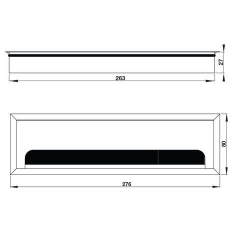 Rumba Cable Outlet - Rectangle Version: Two piece rectangular Material: Anodised aluminium Finish: Silver Dimensions: 276 x 80 mm Cut-out: 263 x 67 mm Mounting: Push in Hafele