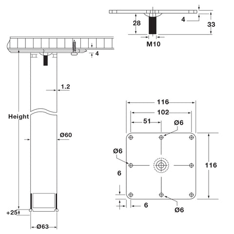 Rondella Table Leg - Cylindrical Features: Steel square mounting plate with M10 boldLeg, with internal M10 thread screws into mounting plate Material: Steel plated or powder-coated legsMounting plate: SteelGlide: Plastic Finish: Mounting plate: BlackGlide