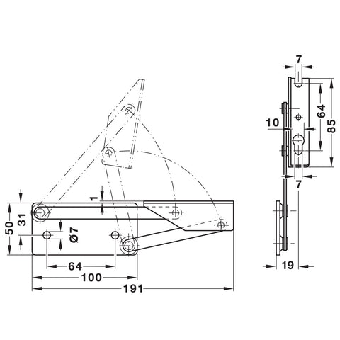 Corner Bench Hinge Area of application: Joint designed for safe lift-up of seat panel Features: The opening stop in the hinge joint prevents the seat panel from butting against the fittingLarge swivel range to the front (110 mm) allows lifting up seat pan