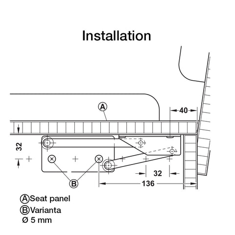 Corner Bench Hinge Area of application: Joint designed for safe lift-up of seat panel Features: The opening stop in the hinge joint prevents the seat panel from butting against the fittingLarge swivel range to the front (110 mm) allows lifting up seat pan