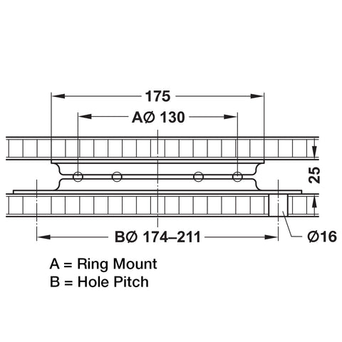 Turntable Rotates through 90º Version: Rotates through 90º to the left and rightRing mount: Ball bearing mounted Material: Steel Finish: Bright Dimensions (L x W x H): 175 x 175 x 25 mm Load bearing capacity: 180 kg Installation: Please view image Packing