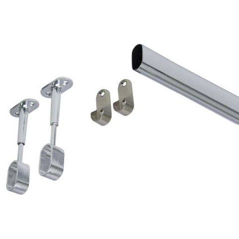Wardrobe Rail Corner Set Material: Rail: Steel End and centre supports: Zinc alloy Finish: Rail and centre supports: Polished chromeEnd supports: Nickel plated Material thickness: 1.0 mm Dimensions (L): 825 x 825 mm Note: Complete corner oval rail with ce