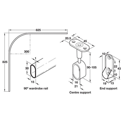 Wardrobe Rail Corner Set Material: Rail: Steel End and centre supports: Zinc alloy Finish: Rail and centre supports: Polished chromeEnd supports: Nickel plated Material thickness: 1.0 mm Dimensions (L): 825 x 825 mm Note: Complete corner oval rail with ce