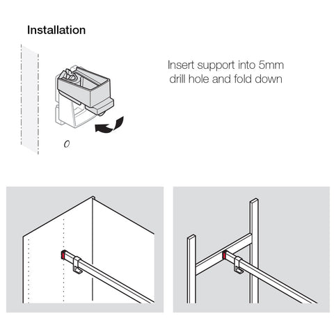 DressCode Wardrobe Rail end Support Material: Zinc Alloy Finish: Grey, White Suitable for: For rectangular wardrobe rail 34 x 18 mm Installation: On side panel inside the cabinet or on the Häfele Dresscode aluminium frame system Hafele