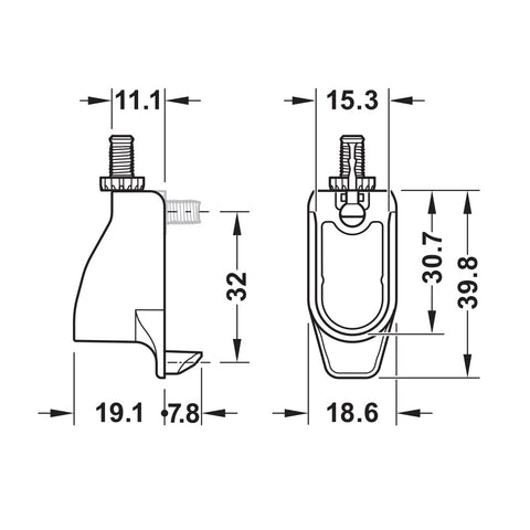 DressCode Oval Rail End Support Material: Zinc Alloy Finish: Nickel Plated Area of Application: Can be combined with all OVA wardrobe rails 30 x 15 mm Installation: On side panel inside the cabinet or on the Häfele Dresscode aluminium frame system Hafele