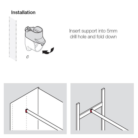 DressCode Oval Rail End Support Material: Zinc Alloy Finish: Nickel Plated Area of Application: Can be combined with all OVA wardrobe rails 30 x 15 mm Installation: On side panel inside the cabinet or on the Häfele Dresscode aluminium frame system Hafele