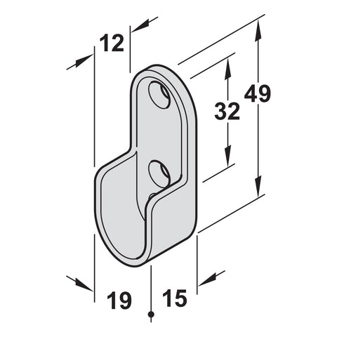 Oval Rail End Support 2pk | 2 Finishes Material: Zinc alloy Finish: Silver PaintedBlack Mounting: Screw fixing to side panel, into 32 mm series drilled holes, with 3 screw holes Dimensions: 19 x 15 x 49 mm Packing: 2 pieces Suitable with following product