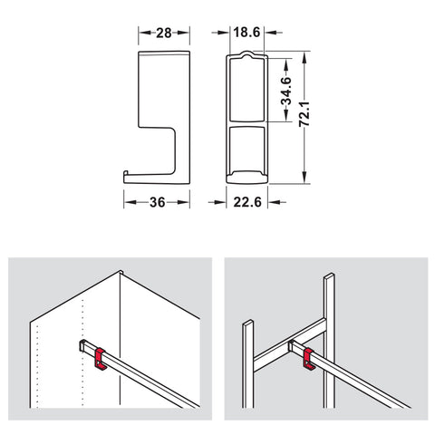 DressCode Wardrobe Rail Hook Area of Application: Hook for suspending handbags and scarves on the wardrobe rail Material: Plastic Finish: Traffic White Suitable for: For rectangular wardrobe rail 34x18 mm Installation: For sliding onto straight-edged ward