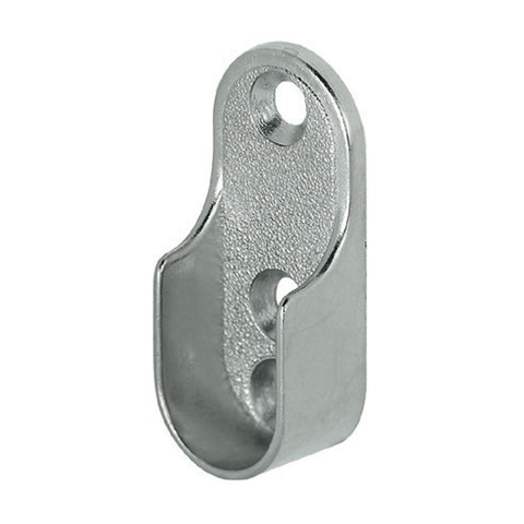 Rail End Support for Oval Wardrobe Rail | Nickel plated.. Material: Zinc alloy Finish: Nickel plated Mounting: Screw fixing to side panel, into 32 mm series drilled holes, with 3 screw holes Dimensions: 19 x 13 x 43 mm Packing: 1 piece Suitable with follo