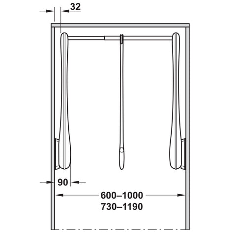 ONLY Wardrobe Lift Material: Clothes rail: SteelMounting plate and arm: Plastic Finish: Grey, Clothes rail: GreyBlack, Clothes rail: Nickel Plated Installation: For screw fixing to wardrobe side panel into 32mm series drilled holes Load bearing capacity: