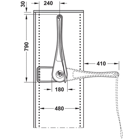 ONLY Wardrobe Lift Material: Clothes rail: SteelMounting plate and arm: Plastic Finish: Grey, Clothes rail: GreyBlack, Clothes rail: Nickel Plated Installation: For screw fixing to wardrobe side panel into 32mm series drilled holes Load bearing capacity: